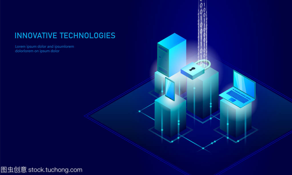 等距互聯(lián)網(wǎng)安全鎖業(yè)務理念。藍色發(fā)光等距個人信息數(shù)據(jù)連接 pc 智能手機未來技術。3d 圖表矢量圖