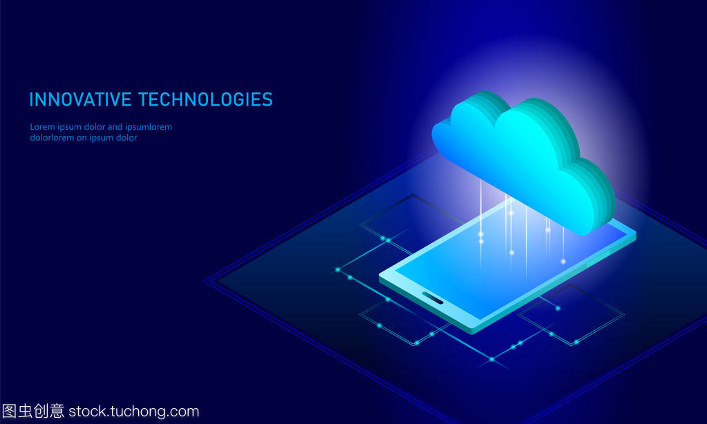 云計算在線存儲等距智能手機。大數據信息未來現代互聯網業務技術。藍色發光全局文件交換可用背景向量插圖